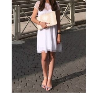 transparent mesh lace sexy low cut lined white summer dress